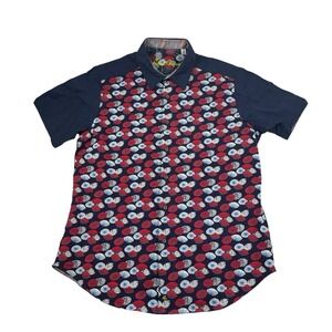 Robert Graham Blue Linen Cotton Seersucker Red Blue Print Shirt Size M